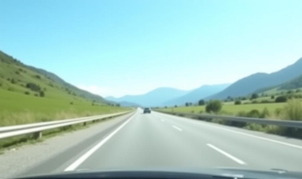 A scenic Austrian highway with a car and vignette badge, blue sky in background.