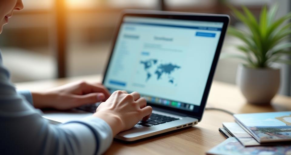 A traveler using a laptop to buy an e-vignette online with help from an Osterry Solutions expert.