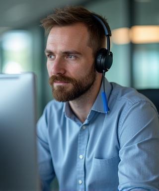 Tomáš Plíšek at his desk speaking on a headset.